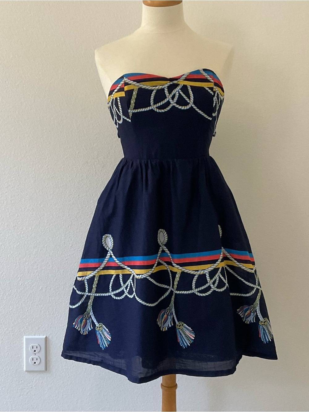 Anthropologie Navy Strapless Rope-Print Fit & Flare Dress with Multicolor Trim